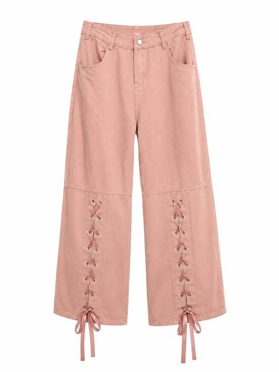 Boohoo Denim - Boohoo Lace-Up Detail Pink Baggy jeans